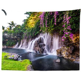 BELECO Mountain Waterfall Tapestry Lake Tapestry Tropical Hawaii Nature Tapestry 70x47 Inch Grassland Spring Flowers Natural Scenery Tapestry Wall Hanging for Bedroom Living Room Dorm Home Decor