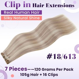 LaaVoo Clip in Hair Extensions Real Human Hair Dark Blonde Highlight Platinum Blonde Hair Extensions Clip in Seamless Remy Real Hair Extensions Clip in Human Hair 16 Inch 5pcs 80g #18/613