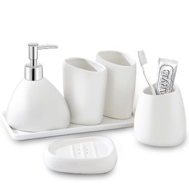 BLBYHO Ceramic Bathroom Accessory Set with Ceramic Tray, 6 Pieces Bathroom Countertop Accessory Set, Include Soap Dispenser, Toothbrush Holder, 2 Tumbler, Soap Dish, Vanity Tray,White…