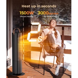 Space Heaters Indoor Use, 26" 12ft/s Electric Heater with Remote, 1500W Electric Heaters with 75°Oscillation, 1-12H Timer, PTC Electric Heater for Large Room, Bedroom Home Office1
