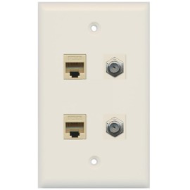 RiteAV - 2 Port Coax Cable TV- F-Type 2 Port Cat6 Ethernet Wall Plate - Light Almond
