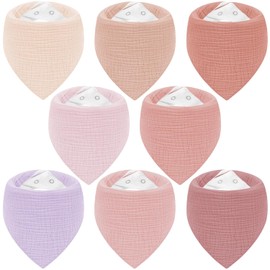 Muslin Bibs 8 Pack Bandana Dribble Bibs 100% Cotton for Teething, Adjustable Snap Drool Bibs for Newborn&Baby Boys Girls 0-36 Months Purple&Pink