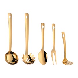 Buyer Star Kitchen Utensils Set 5 Pcs Cooking Utensils Stainless Steel 18/0 Kitchen Tool And Gadgets Salad Spoon Forks Big Gravy Ladles Pasta Server Potato Masher Mirror Polish Dish Washer Safe, Gold