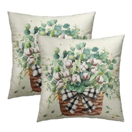 Eucalyptus Leaves Throw Pillow Covers Watercolor Green Leaf Floral Basket Decorative Square Cotton Pillow Couch Cover 18 x 18 Inch Spring Seasonal Cushion Case Set of 2 for Bedroom Outdoor Home Deccor
