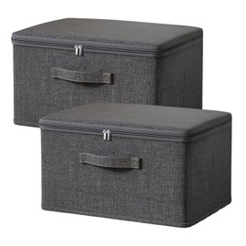 Exquilnova 2PCS Storage Boxes with Lids,Grey Wardrobe Storage Organiser,Foldable Fabric Boxes with Reinforced Handle,Clothes Box with Zips for Bedrooms,Living Room,Office(38 x 25 x 16 cm)