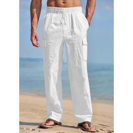 TAFLE Mens Linen Pants Casual Summer Beach Pants Lightweight Elastic Waist Drawstring Yoga Trousers Vacation Cargo Pants with Pockets White