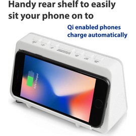 Grouptronics GTQ-RENEW Wireless Charging Alarm Clock Radio - Dimmable Display, USB Charging, FM Radio, Dual Alarms, No Tick Alarm Clock Bedside - White with Grey Cloth screen