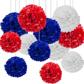 CC wonderland zone 12pcs Tissue Paper Pompoms,Hanging White Paper Pom Poms for Party Deco(Red,White,Blue)