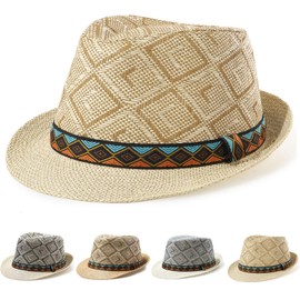 Initlove Straw Fedora Hat for Men Women Summer Short Brimmed Trilby Hats Beige