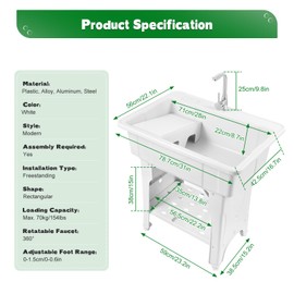 31.5in(H) Freestanding Plastic Laundry Sink with Washboard,Outdoor Utility Sink with Washboard Faucet Drain Kit,Hoses Drain Kit for Laundry Room Garage Basement Garden(White)