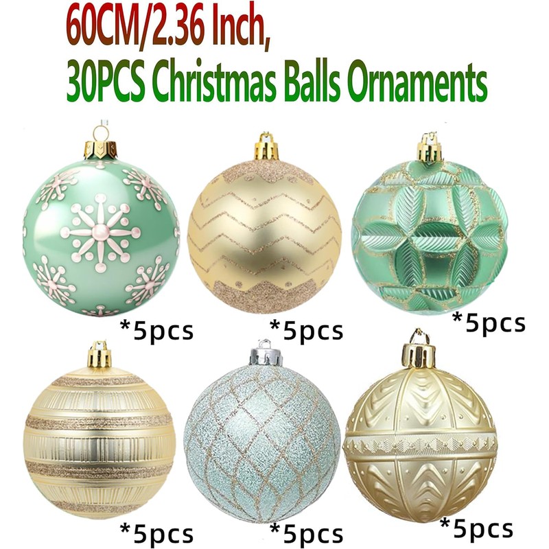 Pack of 30 Christmas Baubles Green and Gold Christmas Tree