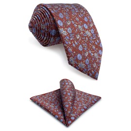 S&W SHLAX&WING Necktie for Men Red Medium Vermillion Blue Floral Tie Set with Pocket Square Party XL Extra Long 160cm