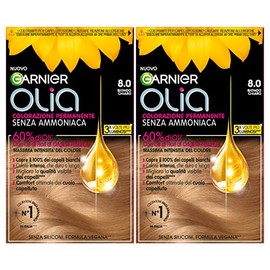 Garnier Olia Permanent Hair Colour without Ammonia, Colouring with Flower Oils of Natural Origin with Brightening and Nourishing Effect, Colour 8.0, Light Blonde, 2 Packs