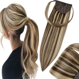 Highlight Ponytail Extension Brown with Blonde Wrap Around Ponytail Real Hair Extensions for Women Ponytail #4/27 14 Inch 70G