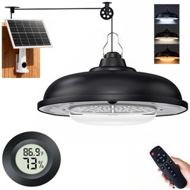 TSJKPAYL Vintage Solar Hanging Light with Adjustable Pulley & (°F) Digital Thermometer, 3-Color Dimming Industrial Shed Light, Waterproof Solar Powered Lamp for Barn, Chicken Coop, Gazebo