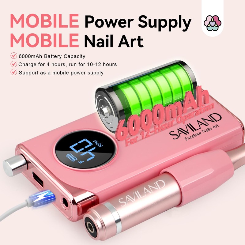 SAVILAND Electric Nail Drill Professional: 40000RPM Pink Rechargeable Electric Nail