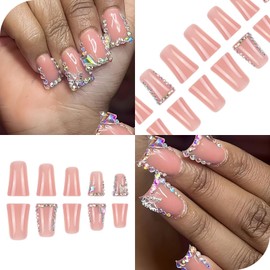 Press on Nails Short Duck Nail Press Ons French Tip Fake Nails with Design Colorful Rhinestone Charms False Nails Artificial Full Cover Acrylic Nails Glue on Stick on Nail for Women 24 Pcs