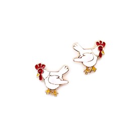 Single Pair of White Enamel and Gold Chicken Stud Earrings from WYO-HORSE JEWELRY - Rhode Island Red, Cornish, OR Plymouth Hens (White)