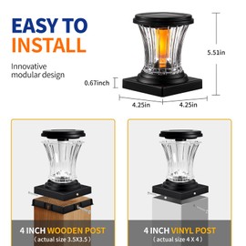 OPOIRA Glass Solar Flame Post Cap Lights Outdoor Waterproof, Flickering Flame Solar Powered Fence Post Lights with Modular Design, Auto On/Off for Deck, Patio, Garden, 4x4 Vinyl/Wood Posts (4 Pack)