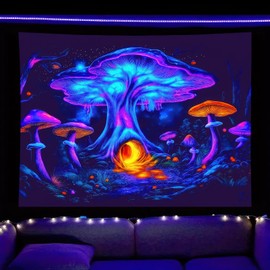 BlissYard Blacklight Mushroom Tapestry Fantastic Upright Tapestry Glow In The Dark UV Reactive Black Light Tapestries Posters Wall Hanging for Backdrop Bedroom Dorm Living Room Decor 59 X 78 inch