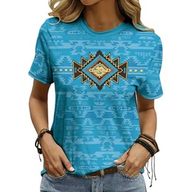 Women's Southwest Tribe Printed T-Shirt Boho Style Casual Round Neck Top Aztec Geometric Bull Head Pattern Shirt (Blue8,XX-Large)