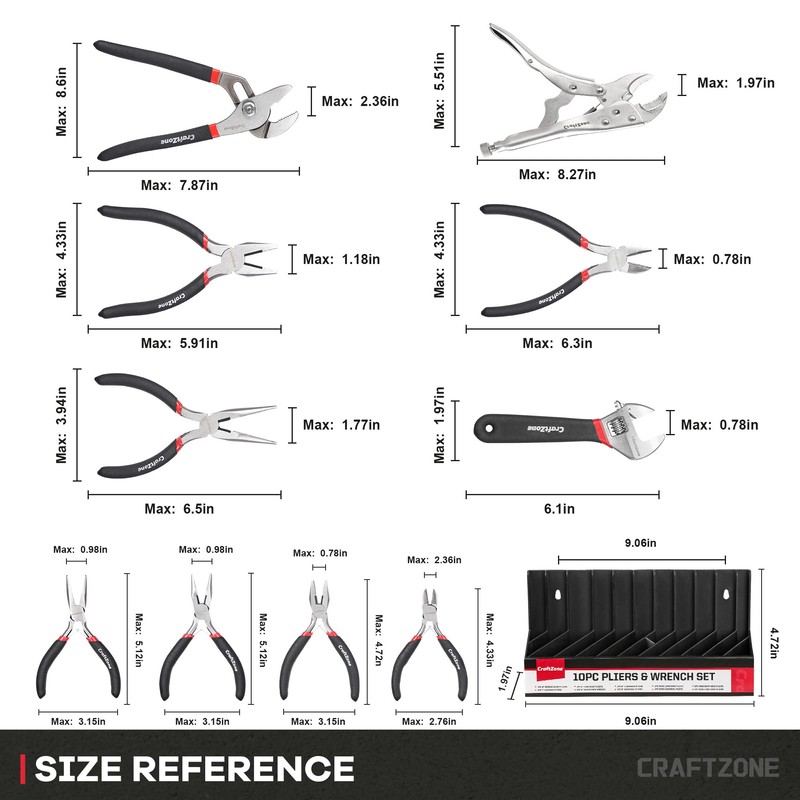 10PC Pliers and Wrench Set with Storage Rack – Includes