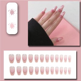 BEYEHO 24 Pcs Acrylic Press on Nails Square Medium, Glue on Nails for Women, Fake Nails with Glue and Nail File False Nails Set for Nails Salon DIY Home-Pink Heart