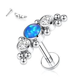 hengkaixuan 16G G23 Titanium Labret Studs Internally Threaded Lip Studs Flat Back Labret Tragus Piercing 8mm Monroe Medusa Lip Piercing Silver with Blue Opal CZ Lobe Cartilage Conch Earring Jewelry