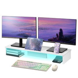 Qupui Dual Monitor Stand Riser with LED Lights and Phone Tablet Holder, 35.8in Large Monitor Stand for Desk, Computer Monitor Stand for 2 Monitors, Desktop Shelf Organizer for Laptop, Printer, TV