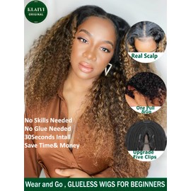 KLAIYI Peluca De Cabello Humano Rizado Castaño Ombré Con Parte En V, Con Raíces Oscuras, Con Mechas, Sin Pegamento, Con Clip, Estilo Balayage, Sin Pegamento, Sin Encaje, Sin Dejar Afuera, 3 Unidades,