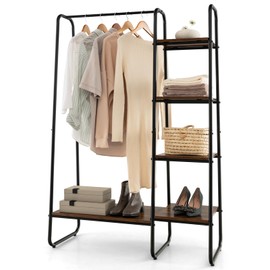 Giantex Clothes Rack with Shelves, Industrial Garment Rack with 5-Tier Shelves, Heavy Duty Clothing Rack with Hanging Rod, Freestanding Modern Closet Storage Organizer (Black)