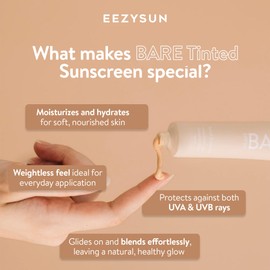 EEZYSUN BARE Tinted Sunscreen for Face SPF 50 - Non-Greasy, Weightless, Water-Resistant, Vegan & Reef-Safe Tinted Moisturizer with SPF, Hyaluronic Acid, Jojoba Oil - All Skin Types, 1.69 fl oz - Light