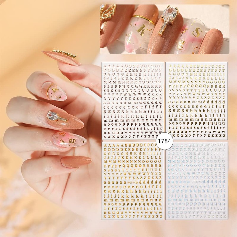 Chisafly Alphabet Small Gold Block Cursive Nail Stickers, Set of