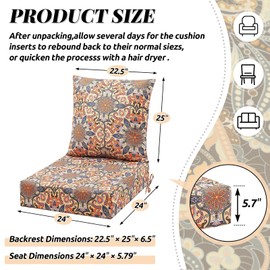 Patelai 2 Set Outdoor Deep Seat Cushions 24x24, 6 Inch Thick Replacement Patio Furniture Cushions with Backs, Washable Cover UV Waterproof & Fade Resistant Chair Pads for Wicker (Orange Medallion)