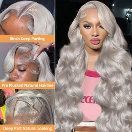 NKMR Grey Lace Front Wigs Human Hair 13x6 Body Wave Lace Front Wig Human Hair Long Grey Wig Glueless HD Lace Frontal Wig 180 Density Pre Plucked With Baby Hair(28Inch)