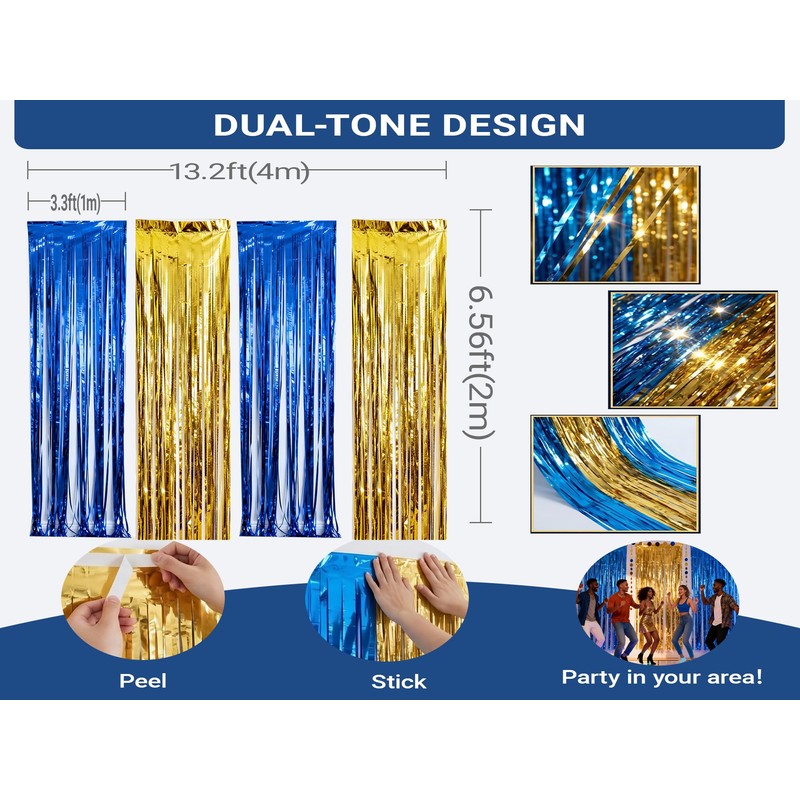 Parxara 4-Pack Blue Gold Foil Fringe Curtain,Party Decoration Streamer