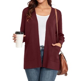 YGJIEGENG Ladies Cardigan Long Sleeve Open Front Cardigans for Womens Autumn Winter Knit Lightweight Oversized Outerwear Solid Color,Wind Red,XXL