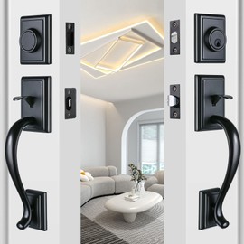 HISAFE Matte Black Double Door Handleset, Keyed & Dummy Exterior Door Handle with Deadbolt&Knob, Reversible for Left&Right Handed, 2013DBSET