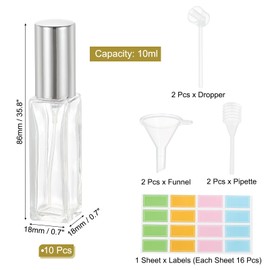 PATIKIL Reise-Parfümflasche, 10 Stück 10ml Feiner Sprühnebel-Nachfüllbarer Kleiner Parfümzerstäuber mit Etiketten Trichter Pipette für Parfümflüssigkeit Ätherisches Öl, Klar/Silber Ton