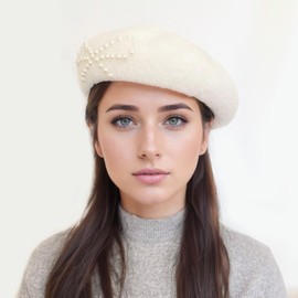 French Beret Hat, Ladys Winter Fall Classic Beret Beanie Faux Mink Solid Color Hat (White with White Bow)