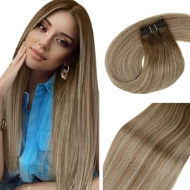 Vivien Invisible Extensions Real Hair Wefts Balayage 16 inches / 40 cm Real Hair Extensions Dark Brown Ombre Light Brown Mixed Light Blonde #3/8/24 Extensions Real Hair Weft, 100 g