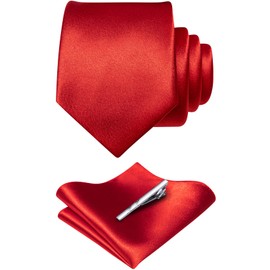 Barry.Wang Men's Solid Color Extra Long Tie and Pocket Square Tie Clip Set in Gift Box Satin Formal Red Necktie Wedding