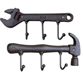 KiaoTime Set of 2 Wrench and Hammer Cast Iron Metal Wall Coat Hooks Hat Rack, Rustic Retro Vintage Wall Mounted Coat Rack Key Holder for Men's Workshop Garage Tools Holder Hook Wall Sign Decoration