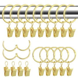Pack of 32 Metal Curtain Rings, Curtain Rings with Clips, Curtain Hanging Rings, Golden Curtain Clips Rings, Rustproof Curtain Hooks with Eyelets of Curtains (32 mm Inside) for Shower Curtain (Gold)