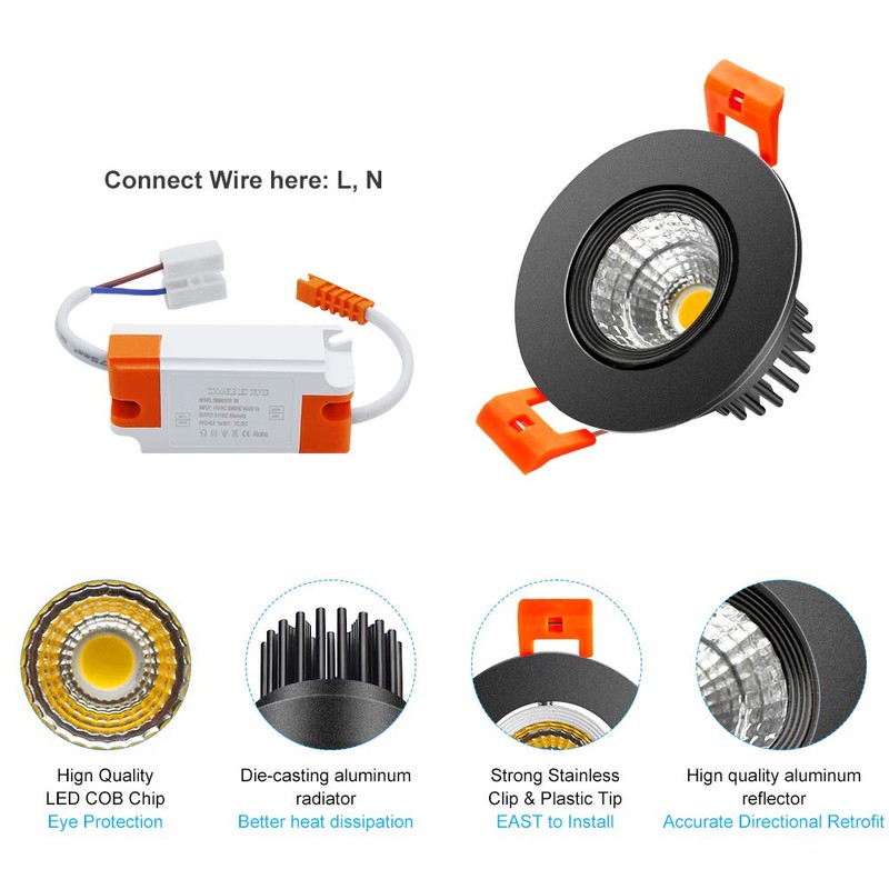 inShareplus 2 Inch LED Downlight, 3W Recessed Lighting COB Dimmable,