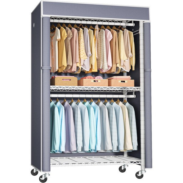 FUTASSI White Clothing Rack with Grey Cover, P1C Rolling Closet