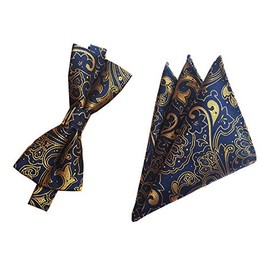 Men Kid Navy Blue Gold Autumn Silk Bow Tie Youth Beautiful Dress Best Bowtie Pocket Square Set