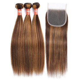 haha Extensiones De Cabello Humano Brasileño Con Reflejos Rubio Miel Cierre Liso P4/27 Rubio Castaño Ombré Cierre De Encaje 4X4 Tejido De Cabello Humano Crudo Para Coser 14 16 18+12