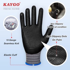 KAYGO Work Gloves with Grip Dots on Palm for Anti-Slip 3 Pairs, KG19N, MicroFoam Nitrile Coated Light Oil Compatible, Seamless Knit Nylon Safety Work Gloves for Warehouse, Automotive, DIY (Grey, M)