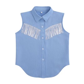 Girls Fringe Shirt Sleeveless Button Down Western Cowgirl Tassel Trim Casual Blouse Shirt Top, 12-13Y, Blue